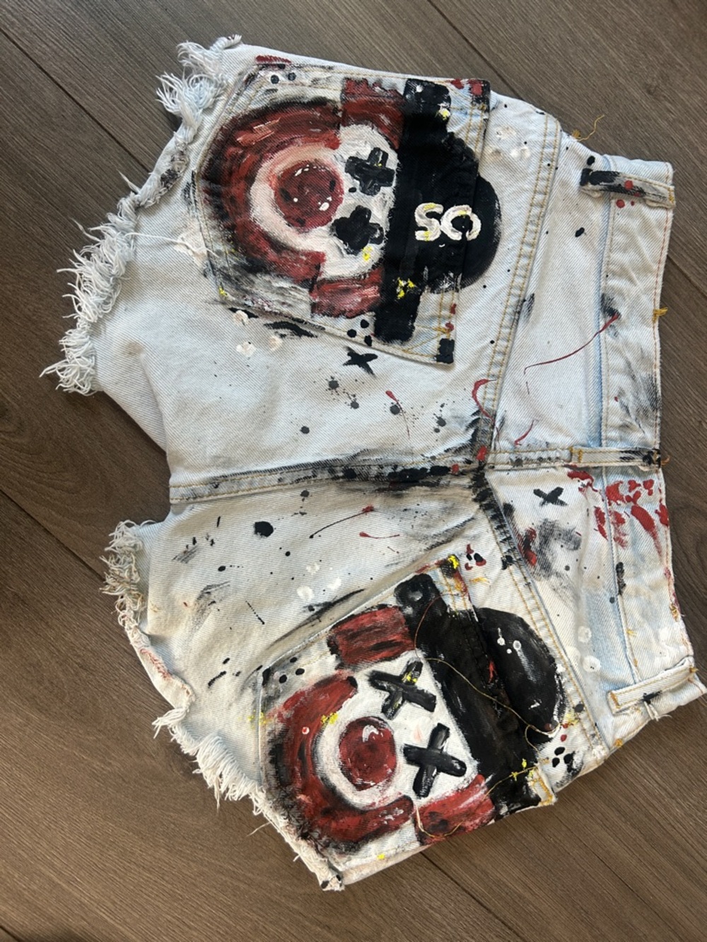 Hand painted handmade Calgary Stampede Conklin Shows Clown Shorts Levi’s denim